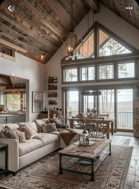 Light Rustic Living Room, Two Story Great Room Windows, Modern Log Cabin Living Room, Farm Living Room Ideas, Big Farmhouse Living Room, Dream Farmhouse Living Room, Modern Country Home Living Room, Barndo Living Room, Wood Vaulted Ceiling Living Room