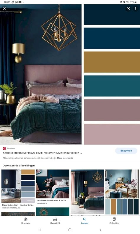 Teal And Copper Bedroom, Interior Decorating Bedrooms, Midnight Blue Bedroom, Interior House Design Ideas, Dark Teal Bedroom, Jewel Tone Bedroom, Peacock Blue Bedroom, Blue And Gold Bedroom, Peacock Bedroom