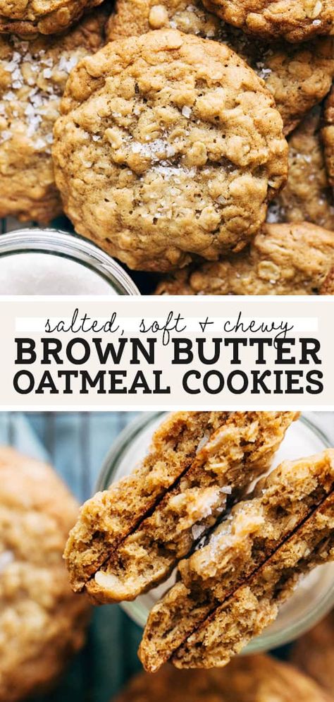 These oatmeal cookies are taken up a notch and baked with brown butter! It creates a deep and rich flavor until any other oatmeal cookie recipe. They're soft, chewy, and full of flavor. #oatmealcookies #cookierecipe #cookies #brownbutter #butternutbakery | butternutbakeryblog.com Oatmeal Cookies Brown Butter, Brown Butter Oatmeal Chocolate Chip Cookie Recipe, Cookie Recipes With Oatmeal, Brown Butter Butterscotch Cookies, Fluffy Oatmeal Cookies, Browned Butter Oatmeal Cookies, Best Brown Butter Cookies, The Best Oatmeal Raisin Cookies, Cookie Recipes Brown Butter