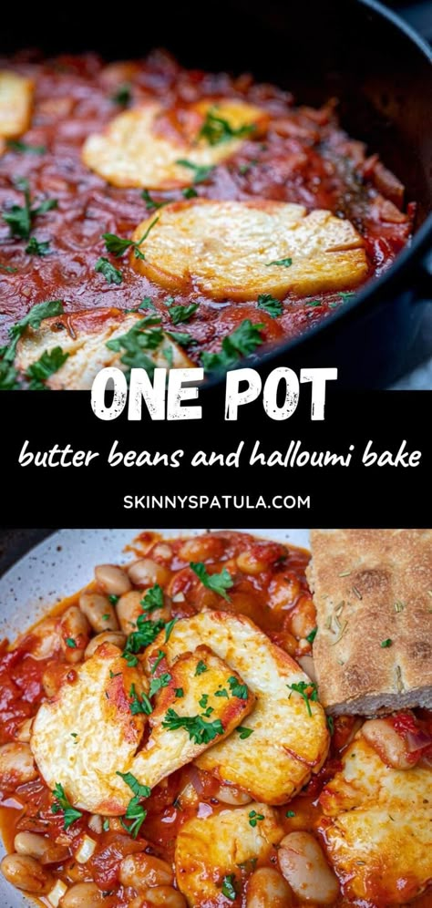 Halloumi Bake Recipes, Meat Free Dinner Ideas, Baked Halloumi Recipes, Healthy Halloumi Recipes, Recipes With Butter Beans, Baked Butter Beans, Butter Bean Recipes, Halloumi Bake, Halloumi Recipes