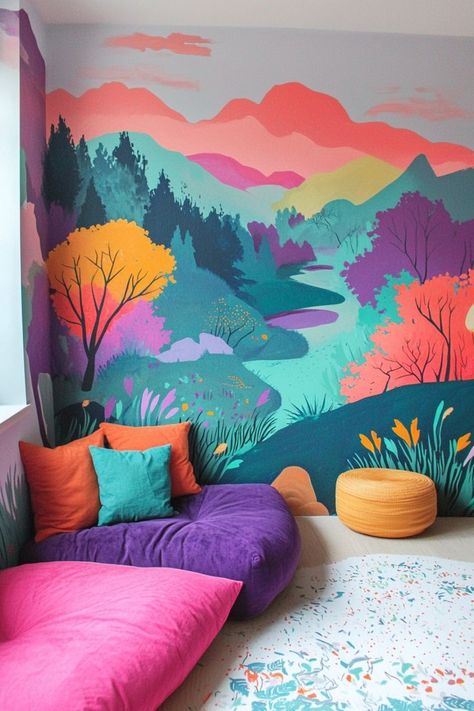 Diy Murals, Diy Wall Mural, Wall Murals Painted Diy, Wall Murals Diy, Diy Mural, Creative Wall Painting, Abstract Wall Painting, Kids Room Murals, Flower Mural