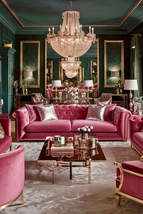 17 Pink and Green Living Room Ideas – The Crafty Hacks Hot Pink And Gold Living Room, Pink And Green Decor Living Room, Pink Velvet Couch Living Room Ideas, Gold And Pink Living Room, Fuschia Room, Dark Green And Pink Living Room, Green And Pink Living Room Ideas, Pink Accent Living Room, Pink Green Living Room