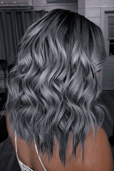 Hairstyles Grey Hair For Women In 2023-24 Dark Grey And Blonde Hair, Grey And Colored Hair, Hair Color Ideas For Brunettes Growing Out Gray, Light Grey Hair With Dark Roots, Dark Grey Silver Hair, Smoky Silver Hair Color, Hair Color Ideas For Brunettes Silver, Dark Grey Hair Charcoal Short, Dark Silver Hair Color Formula