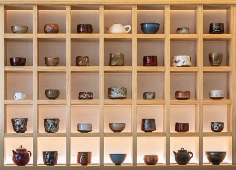 Living Water Tea House Japanese Shelf Design, Tea Shop Display, Tea House Design Interior, Japanese Tea House Design, Chinese Tea Room Interior, Tea Cafe Design, Japanese Tea House Interior, Modern Japanese Tea House, Tea Cup Display Ideas