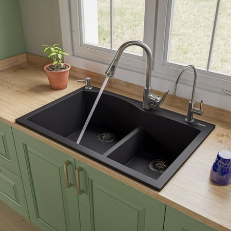 ALFI brand Granite Composite Kitchen Sinks are a great choice for any kitchen remodel. Durable material and a variety of sizes, shapes, and colors provide you with a unique and long lasting sink that is sure to make cooking more enjoyable. Modern design and smooth surfaces create a flawless look for years to come. Size: 33 x 22 x 9.5.  Color: Black. Touch Kitchen Faucet, Granite Composite Kitchen Sink, Composite Kitchen Sinks, Granite Composite Sinks, Pull Down Kitchen Faucet, Drop In Kitchen Sink, Black Kitchen Sink, Black Sink, Drop In Sink