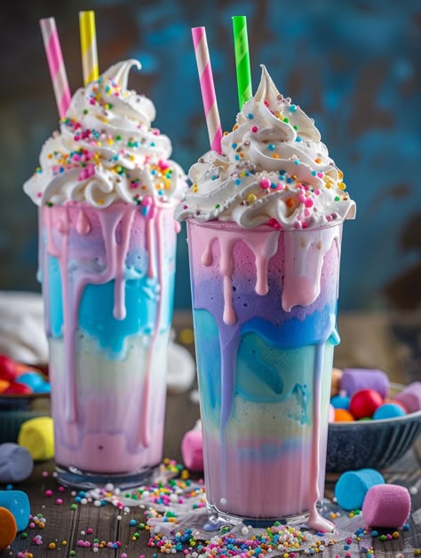 🦄 Unicorn Delight Freakshakes 🦄  Enjoy a magical treat with our Unicorn Delight Freakshakes!   🦄 𝗜𝗻𝗴𝗿𝗲𝗱𝗶𝗲𝗻𝘁𝘀 🦄 For the Milkshake: 2 cups vanilla ice cream 🍦 1 cup whole milk 🥛 1/2 teaspoon vanilla extract 🍨 Food coloring (blue, pink, purple) 🎨 For the Toppings: Whipped cream 🧁 Sprinkles 🌈 Rainbow candy 🌈 Marshmallows 🍡 Unicorn-themed candies (optional) 🦄 M&m Milkshake, Fancy Milkshakes, Hot Cocoa Bar Wedding, Extreme Milkshakes, Ice Cream In A Cup, Blue Milkshake, Candy Marshmallows, Ice Cream Drink, Ice Cream Milkshake