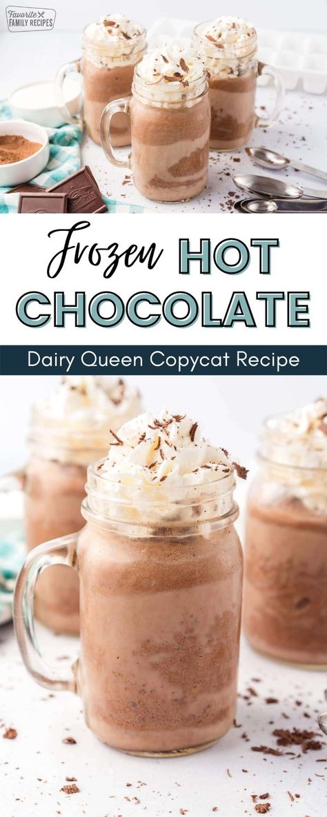 This Frozen Hot Chocolate recipe has a rich, hot chocolate taste, with the creaminess of a chocolate milkshake. There’s nothing better than drinking this cool, creamy, chocolatey drink on a hot summer day! They taste like the fancy drinks you can get in New York City at Serendipity but a lot cheaper and easier to make at home. Things To Make With Hot Chocolate Powder, Dairy Queen Frozen Hot Chocolate Recipe, Frozen Hot Chocolate Recipe Dq, Homemade Frozen Hot Chocolate, Frozen Hot Cocoa Recipe, Fluffy Hot Chocolate, Serendipity Frozen Hot Chocolate Recipe, Recipes With Hot Chocolate Powder, Heavy Cream Drinks