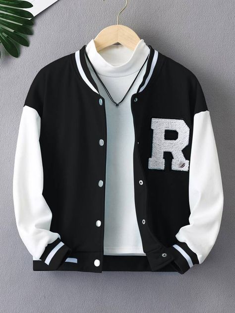 Girls Letter Patched Striped Trim Drop Shoulder Varsity Jacket | SHEIN USA Varsity Jacket Outfit, Girl Patches, Jacket Outfit Women, Shein Kids, College Jackets, Black And White Jacket, Stylish Hoodies, Guys Clothing Styles, Girls Outerwear