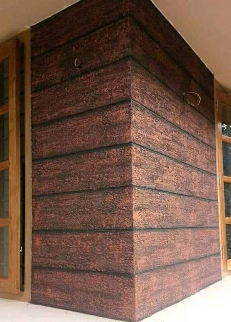 Exterior wooden finish work Wood Texture Wall Panel, Elevation Texture Designs For House, Exterior Texture Paint Designs, Putti Design For Wall, Textured Walls Exterior Elevation, Texture Painting Walls Exterior, Exterior Wall Cladding Texture, Wall Structure Paint Design, Exterior Textured Wall Finishes