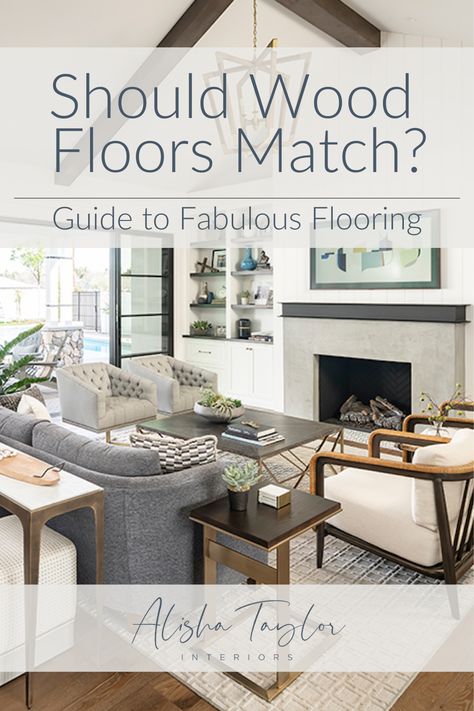 Should Wood Floors Match? Guide to Fabulous Flooring with Alisha Taylor Interiors Mixed Hardwood Floors In Different Rooms, Different Colored Wood Floors In Home, Homes With Different Flooring In Each Room, Different Hardwood Floors In House, Wood Floors Throughout House, Contrasting Floors Between Rooms, Blending Two Different Wood Floors, How To Choose Hardwood Floor Color, Mixing Flooring Types