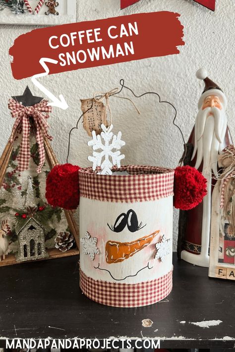 Save those empty coffee cans, because once you see this DIY Coffee Can Snowman you’ll want to craft a whole bunch of them! This easy, cute, and budget friendly recycled craft can be kept up past Christmas and right through winter! Are you Feeling Frosty?! Milk Bottle Crafts Christmas, Tin Can Christmas Decor, Coffee Mug Decorating Diy, Coffee Tin Crafts, Christmas Cans Crafts, Diy Coffee Can Crafts, Recycled Tin Can Crafts, Recycled Cans Projects, Coffee Can Christmas Crafts