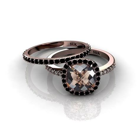 New 14K Rose Gold Ring with Smoky Quartz Black Diamonds Halo Champagne Diamonds Engagement Ring Black Diamond Engagement Ring Halo, Champagne Diamonds Engagement, Halo Bridal Set, Rose Gold Black Diamond, Ring Rosegold, Black Engagement Ring, Antique Engagement Ring, Black Wedding Rings, Smoky Quartz Ring