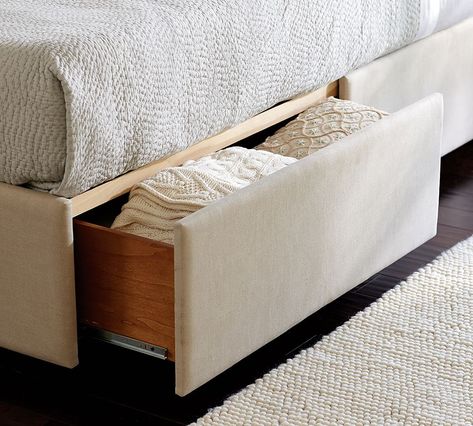 Upholstered Storage Platform Bed with Side Drawers | Pottery Barn Diy Upholstered Bed, Platform Bed Full, Bed With Drawers Underneath, Best Storage Beds, Platform Bed King, Upholstered Bed With Storage, California King Bed Frame, Bed Designs With Storage, Bed With Footboard