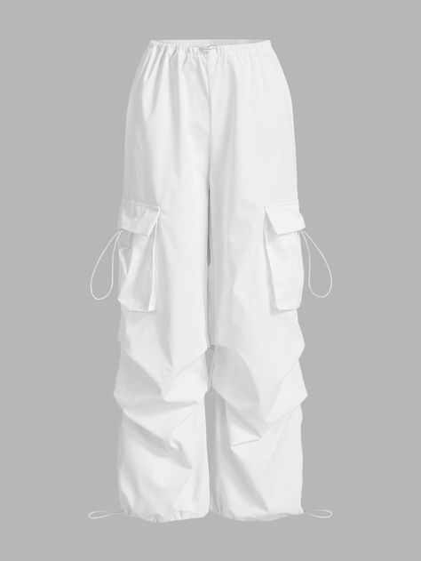 SHEIN ICON Flap Pocket Side Drawstring Waist Cargo Black Pants | SHEIN USA Shein Parachute Pants, Cute White Pants, White Parachute Pants Outfit, Cargo White Pants, Dancehall Outfits, White Parachute Pants, White Cargos, Adrette Outfits, Pocket Cargo Pants