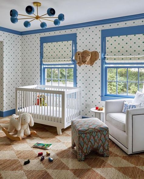 Sister Parish Design on Instagram: "The most magical nursery by @jenniferbeekhunter ! Shoot for the stars ⭐️💫 with our Serendipity wallpaper & fabric! It adds so much to any nursery. A SP nursery favorite. #sisterparishdesign #takeherhome 📸 @kirstenrfrancis" Sister Parish Serendipity Wallpaper, Sister Parish Serendipity, Gray Malin Nursery, Sister Parish Wallpaper, Oliver Nursery, Serendipity Wallpaper, Magical Nursery, Nursery Ideas Boy, Nursery Blue