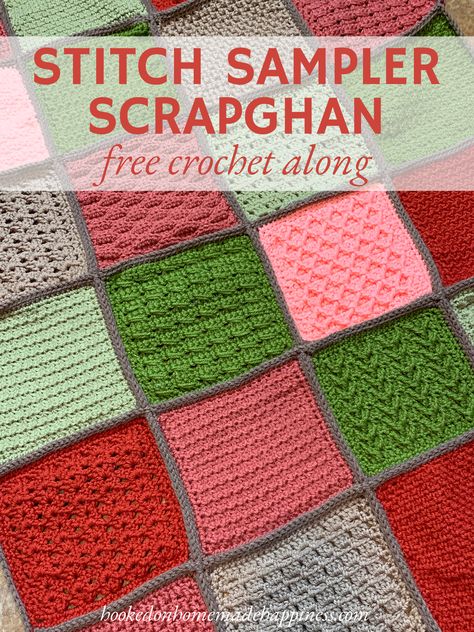 Stitch Sampler Scrapghan Crochet Along 2023 - Hooked on Homemade Happiness Crochet A Long Blanket, Stitch Sampler Crochet Blanket, Crochet Sampler Afghan Pattern, Stash Buster Crochet, Crochet Sampler Afghan, Beginner Blanket, Crochet Sampler, Crochet Sampler Blanket, Scrap Crochet