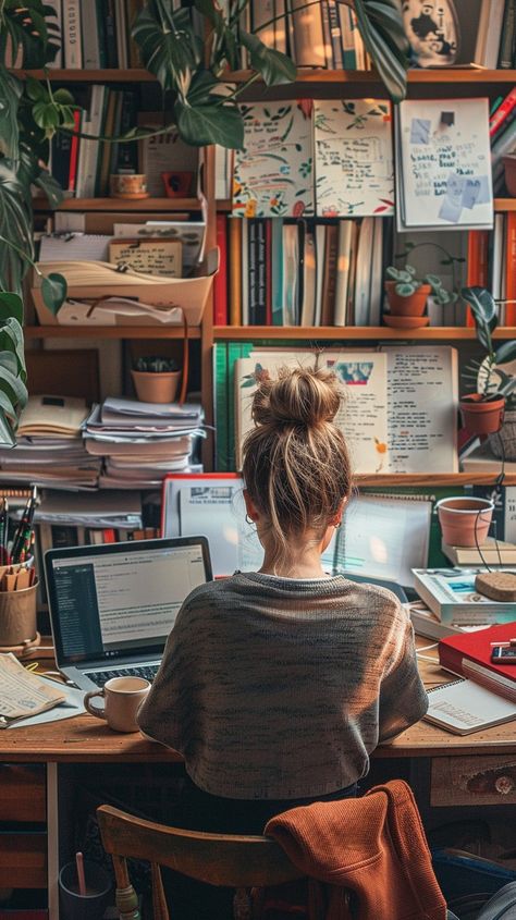 Cozy Study Session: A person engages in focused work at a #cluttered desk surrounded by books and greenery. #studysession #booklover #greenery #workspace #tech #creativity #digitalart #stockcake ⬇️ Download and 📝 Prompt 👉 https://stockcake.com/i/cozy-study-session_367519_515155 Writer At Work, Art Workspace Aesthetic, Studying Books Aesthetic, Creative Office Aesthetic, Cozy Workspace At Home, Writer Workspace, Study Room Decor Student, Counseling Aesthetic, Aesthetic Work Space