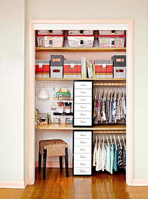 How to Create a Cloffice for the Ultimate Work-from-Home Setup Organized Wardrobe Ideas, Clever Organization Ideas, Bedroom Organization Ideas Declutter, Storage Closet Organization Ideas, Organization Ideas For The Home Bedroom, Organization Ideas For Bedrooms, Closet Workspace, Cloffice Ideas, Bedroom Organization Ideas