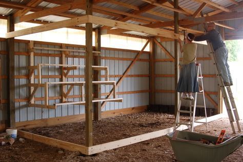 roosts; chicken coop inside barn Chicken Coop Inside Barn, Chicken Coop Inside, Build Your Own Chicken Coop, Chicken Coop Tips, Barn Stalls, Chicken Barn, Portable Chicken Coop, Chicken Pen, Diy Chicken Coop Plans