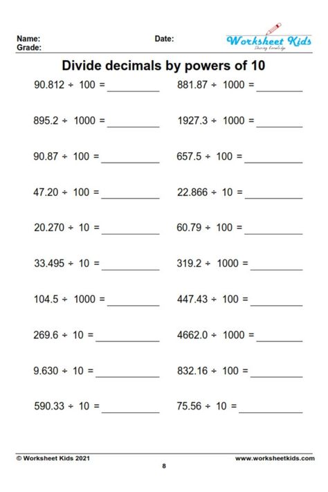 Dividing Decimals By Powers Of 10, Division Decimals Worksheet, Division Of Decimals Worksheets, Decimals Worksheets 5th Grades, Decimal Division Worksheet, Multiplying And Dividing By Powers Of 10, Dividing Decimals By Whole Numbers, Multiplying Decimals By 10 100 1000, Multiplying And Dividing Decimals By 10 100 1000