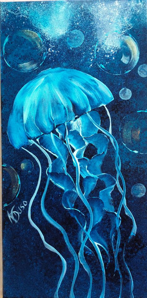 Blue Jellyfish Painting, Jelly Fish Acrylic, Paintings Jellyfish, Paintings Of Jellyfish, Jellyfish Acrylic Painting Ideas, Jelly Fish Acrylic Paintings, Painting Ideas Underwater, Jelly Fish Pictures, Aquatic Painting Ideas