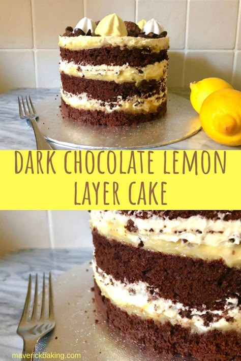 Layers of moist dark chocolate cake, lemon curd, chocolate crumbs and marshmallow frosting! Lemon Chocolate Cake Recipe, Chocolate And Lemon Cake, Lemon Cake Chocolate Frosting, Lemon Cake With Chocolate Frosting, Lemon Chocolate Desserts, Lemon Chocolate Cake, Chocolate Lemon Cake, Moist Dark Chocolate Cake, Lemon Layer Cake