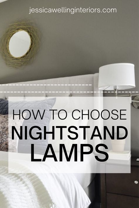 How To Choose Nightstand Lamps for Your Bedroom Bedside Lamps Dark Furniture, Bedside Styling Night Stands, Minimalist Nightstand Lamp, Lamps In Bedroom Ideas, Bedside Table Styling With Lamp, Bedroom Nightstands Lamps, Bedroom Side Table Lighting Ideas, Side Table Lights Bedroom, Dark Wood Nightstand Decor