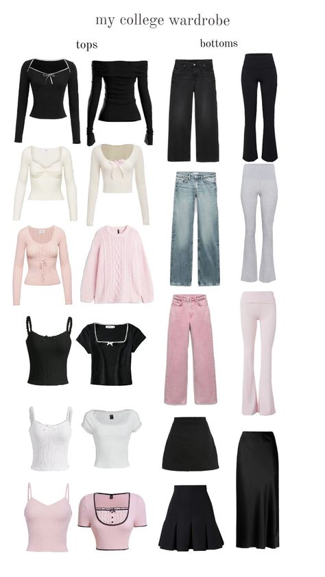 #college #essentials #wardrobe #aesthetic #original #pink #black #white Formal Ish Outfits, Dream Wardrobe Clothing Aesthetic, Community College Essentials, Capsule Wardrobe Pink, All Black Capsule Wardrobe, College Clothing Essentials, Streetwear Capsule Wardrobe, Fun Capsule Wardrobe, Outfit Planning App