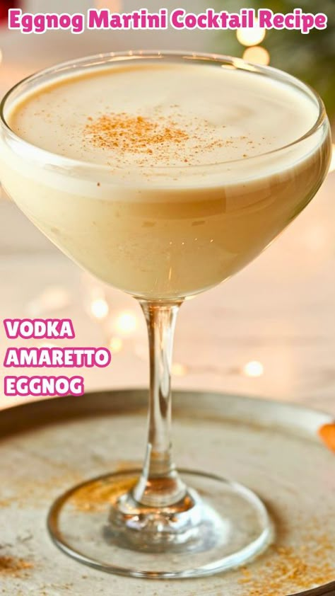 Eggnog Martini Cocktail Recipe: Your Festive Holiday Delight - Thirsty Tales Eggnog Martini Recipe Vanilla Vodka, Egg Nog Martini Recipe, Creamy Christmas Cocktails, Christmas Cocktails With Rum, Holiday Martinis Christmas, Egg Nog Martini, Holiday Rum Drinks, Holiday Martini Recipes, Eggnog Martini Recipe