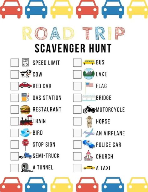 Are you planning a long road trip with kids?  If you're looking for a fun game to keep them entertained in the car, then here's a cute Road Trip Scavenger Hunt Game that's guaranteed to keep them occupied on a road trip, or even for just a short car ride. Car Ride Games, Family Road Trip Games, Car Ride Activities, Fun Road Trip Games, Road Trip Scavenger Hunt, Road Trip Kit, Kids Travel Activities, Trip Hacks, Trip Games