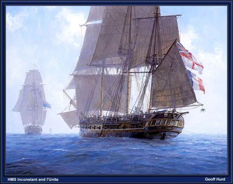 British HMS Inconstant and French l'Unite Hms Hood, Maritime Painting, Sail Ship, Marine Artist, Navi A Vela, Uss Constitution, Chic Tattoo, Pirate Ships, Old Sailing Ships