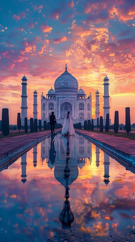 "Sunset Taj Mahal: A #couple stands before the #TajMahal at #sunset, with vibrant skies reflecting off the water. #romance #reflection #aiart #aiphoto #stockcake ⬇️ Download and 📝 Prompt 👉 https://stockcake.com/i/sunset-taj-mahal_969319_155360" Tajmahal Couple Photos, Taj Mahal Image, Taj Mahal Art, Castle House Design, Indian Theme, Cat City, The Taj Mahal, Travel Pictures Poses, Desi Aesthetic