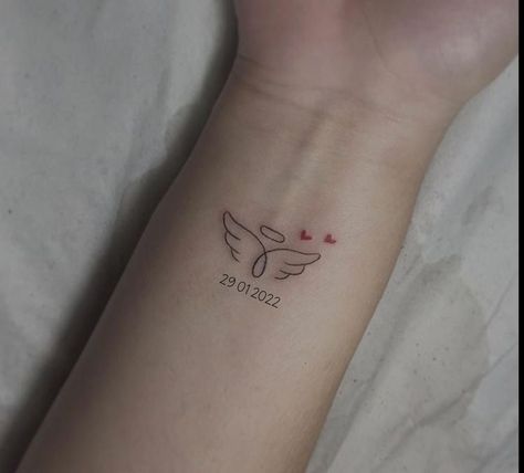 Dainty Memorial Tattoos For Women, Tattoos Honoring Grandparents, Small Angle Wings Tattoos, Abuelo Tattoo, Tattoos For Passed Grandparents, Remeberance Tattoos, Wing Tattoo Ideas, Misscarage Tattoo Ideas, Loving Memory Tattoos