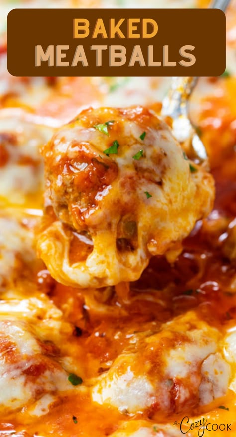 Baked Meatballs in marinara sauce topped with melted mozzarella cheese Oven Baked Meatballs In Sauce, Christmas Eve Meatballs, Recipes With Italian Meatballs Frozen, Meatloaf Balls Recipes, Recipes Using Italian Meatballs, Crockpot Meatballs Italian, Meatballs Dinner Ideas, Italian Meatballs And Sauce, Crockpot Italian Meatballs