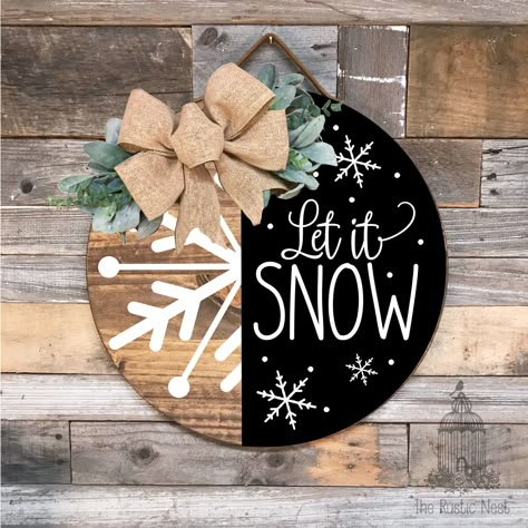 PAINTED Let It Snow Front Door Sign Winter Door Sign Round Winter Door Hanger Winter Wreath Snowflake Door Hanger Snowflake Sign - Etsy Welcome Signs For Front Door Christmas, Seasonal Front Door Signs, Signs Using Cricut, Front Door Sign Christmas, Cricut Christmas Wooden Signs, Cricut Circle Signs, Christmas Wooden Wreaths, Circle Holiday Signs, Wood Signs Painting Ideas