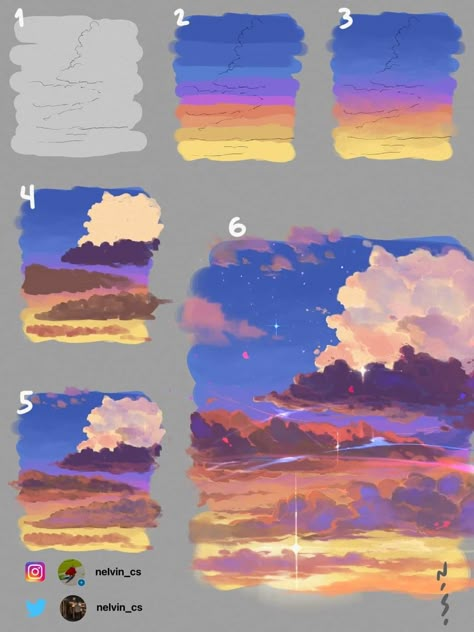 Beautiful cloud tutorial for artists! ♡ Sky Doodles, Procreate Step By Step, الفن الرقمي, Concept Art Tutorial, Digital Art Beginner, Soyut Sanat Tabloları, Arte Sketchbook, Digital Painting Tutorials, Art Inspiration Painting