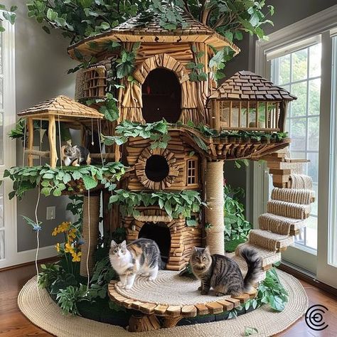 Elevate your feline friend’s playtime with the Giant Treehouse Inspired Cat Tree, a marvel of whimsical design and feline functionality. Crafted to mimic the enchanting allure of an actual treehouse, this multi-tiered structure boasts a lush faux foliage canopy, sturdy natural wood platforms, and cozy hideaways that cater to your cat’s every need. Conceptual AI Art Follow @ecosapiens for more! Dog Bed Cat Tree Combo, Huge Cat Tree, Castle Cat Tree, Cute Cat Trees, Driftwood Cat Tree, Whimsical House Decor, Cat Tower Diy, Cute Cat House, Diy Cat Stuff