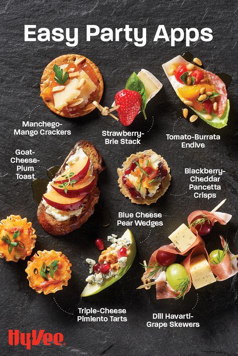 Planning a special holiday meal for a small gathering or the family? Make it an appetizer night with your favorite cheeses! We love these simple pairing ideas that make declicious bites. Find all of these recipe ideas and shop for everything you need at Hy-Vee.com. Appetizer Recipes Classy, Canape Recipes Easy, Canapes Ideas Appetizers Simple, Wine Snacks Appetizers Simple, New Year Party Recipes, Mini Tapas Ideas, Appetizer And Drink Pairings Parties, Appetizer Recipes For Restaurant, Cheap Canapes Ideas