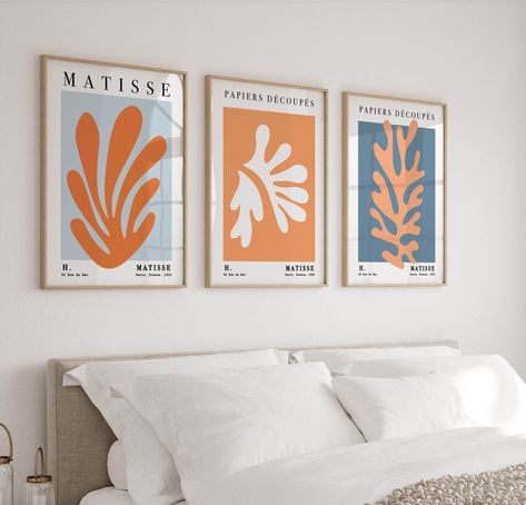 Set of 3 Matisse Prints Colorful Wall Art in Orange and Blue - Etsy Ireland Colorful Apartment Decor, Deco Orange, Triptych Art, Matisse Wall Art, Orange Rooms, Colorful Apartment, Living Room Poster, Girls Dorm Room, Bedroom Orange