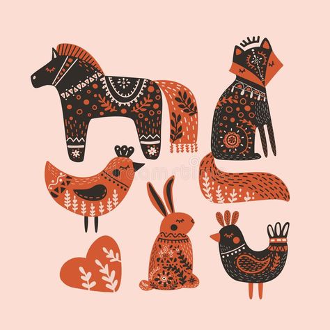 Wild Folk Art Animals Flat Vector Set Stock Vector - Illustration of cute, fabric: 166378352 Wild Artwork, Folk Art Animals, Linocut Design, Motif Embroidery, Arte Folk, Animals Drawing, Hand Drawn Vector Illustrations, Cute Fabric, Hand Drawn Vector