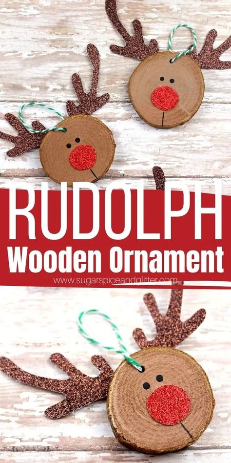 Diy Ornaments Reindeer, Christmas Ornaments Diy 2nd Grade, Diy Ornament Wood Slice, Fun Christmas Ornaments For Kids, Crafts From Wood Slices, Wood Slice Ornament Kids Diy, Diy Wood Ornaments Kids, Wood Disc Ornaments Kids, Cute Christmas Ornaments Diy Kids