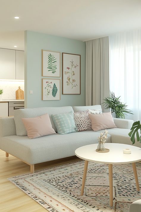 Discover the perfect blend of comfort and style with this modern living room decor. Featuring a pastel color palette, cozy cushions, and chic botanical wall art, it's designed to create a relaxing ambiance. #LivingRoomDecor #HomeInspiration #ModernDesign House Pastel Colors, Soft Pastel Living Room, Pastel Color Interior Design, Seafoam Green Living Room, Mint Green Living Room Ideas, Color Scheme For Living Room, Pastel Color Living Room, Living Room Pastel Colors, Bright Modern Living Room