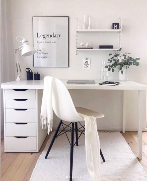 31 Brilliant and Cheap Ikea Desk Hack Ideas – best 4 crafts.com Ikea Office, City Decor, Cozy Home Office, Desk And Chair, White Desk, Office Room Decor, Dekorasi Kamar Tidur, Bedroom Desk, Study Room Decor