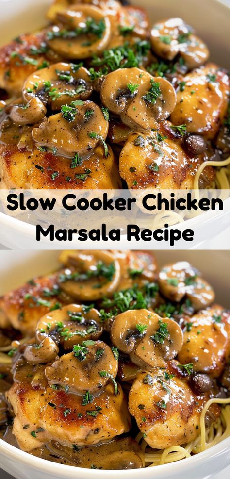 Easy Slow Cooker Chicken Marsala: flavorful chicken in a creamy Marsala sauce. Tasty dinner! Chicken Marsala Crockpot, Slow Cooker Chicken Marsala, Sausage Pie, Diet Dishes, Chicken Marsala Recipe, Marsala Sauce, Crock Pot Dishes, Marsala Recipe, Crockpot Chicken Breast