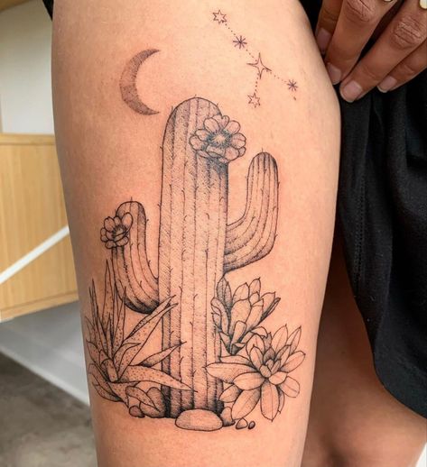 Cactus And Boots Tattoo, Cactus And Wildflower Tattoo, Flower And Cactus Tattoo, Cactus And Hummingbird Tattoo, Boho Cactus Tattoo, Cactus Tattoo Thigh, Cactus Landscape Tattoo, Delicate Cactus Tattoo, Cactus Scene Tattoo