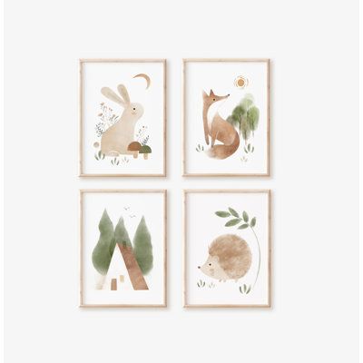 Set of 4 "unframed" 11 x 14'' woodland art prints. Let's take a stroll into an enchanting forest and see nature's majestic animals. This soft minimalist woodland animal set is simple, and chic, and adds a soft charming cuteness. Prints included: Bunny, Fox, Cabin, Hedgehog. | Nemo and Her Woodland Art Paper Print - Unframed Prints green/Red | C100124159_2124436100 | Wayfair Canada Kid Playroom, Woodland Art Print, Woodland Nursery Art, Safari Art, Enchanting Forest, Woodland Nursery Theme, Youth Decor, Woodland Animal Prints, Woodland Art