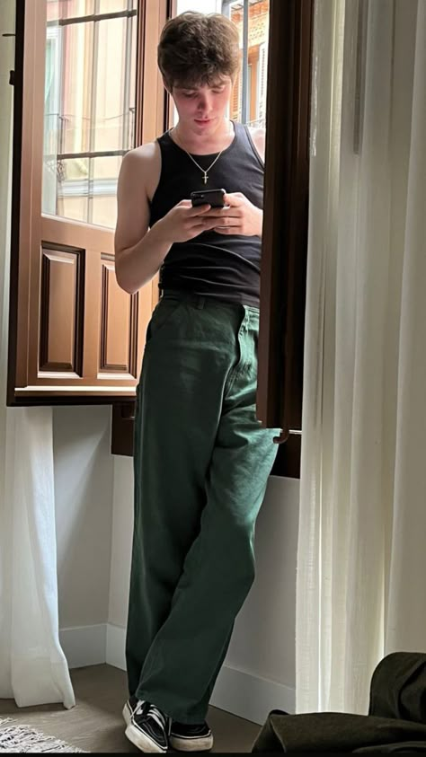 Vintage Masculine Outfits, Male Prom Outfits Aesthetic, Green Prom Outfit Men, Ftm Outfits Summer, 90s Aesthetic Outfit Men, Aesthetic Masculine Outfits, Gay Guy Outfits, Green Pants Outfit Men, Tank Top Outfits Men