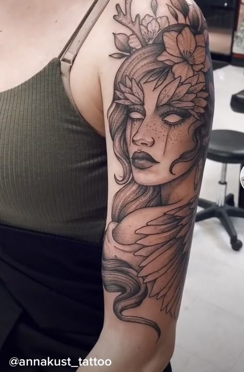 Forearm Tattoo Of Woman Face, Goddess Arm Tattoo, Portrait Tattoo Placement, Tattoo Of Female Face, Tattoos Of Women Faces, Feminine Goddess Tattoo, Female Face Tattoo Design, Woman Portrait Tattoo, Female Face Tattoo Ideas