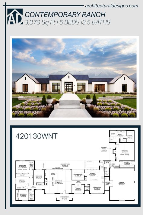 Contemporary Ranch House Plan 420130WNT gives you 3370 square feet of living space with 5 bedrooms and 3.5 baths House Plans Around 2000 Sq Ft, 6 Bedroom One Story Floor Plans, 7 Bedroom House Plans 1 Story, House Design Plans One Floor 4 Bedrooms, 4 Bedroom House Plans Open Floor Jack And Jill, 8 Bedrooms House Plans, New House Construction Checklist, 7 Bedroom Ranch House Plans, 5 Bedroom Plus Office Floor Plan