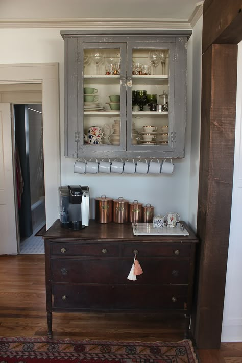 Our Dining Room Coffee Station - thewhitebuffalostylingco.com Farmhouse Coffee Bar, Tea Station, Cabinets Makeover, Rustic Kitchen Cabinets, Coffee Bars In Kitchen, Coffee Nook, Farmhouse Kitchen Cabinets, Coffee Bar Ideas, Home Coffee Bar